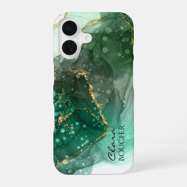 Coque iPhone 16 Encre d'alcool vert Sacramento personnalisable (Verso)