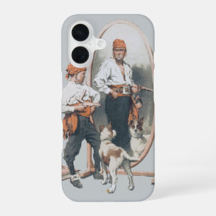Coque iPhone 16 Enfant Vintage, Garçon Pirate, Chien, Miroir, Bouc
