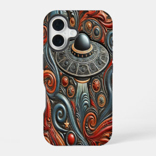 Coque iPhone 16 Engin Alien Volant à Travers un Cosmos Lumineux