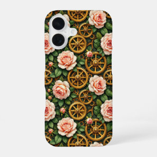 Coque iPhone 16 Engrenages en laiton et roses