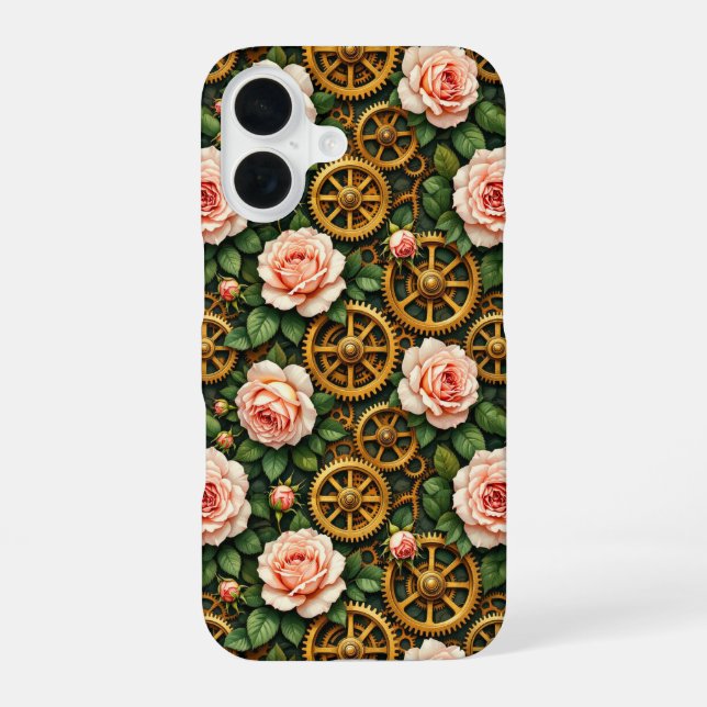 Coque iPhone 16 Engrenages en laiton et roses (Verso)