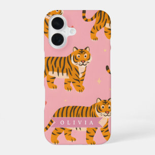 Coque iPhone 16 esthétique personnalisée rose tigre chic branchée 