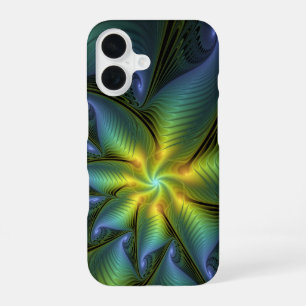 Coque iPhone 16 Etoile Abstraite, Bleu brillant Vert Or Fractal Ar