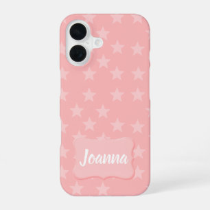 Coque iPhone 16 Étoiles sur monogramme rose ou nom personnalisé