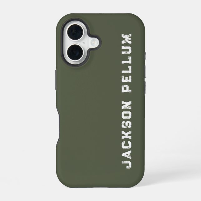 Coque iPhone 16 Étui de nom de monogramme vert camouflage minimali (Verso)