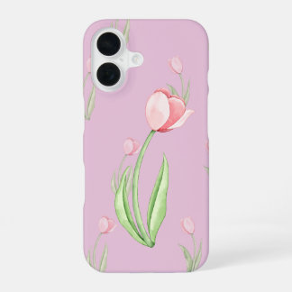 Coque iPhone 16 Étui de téléphone à fond rose avec tulipes