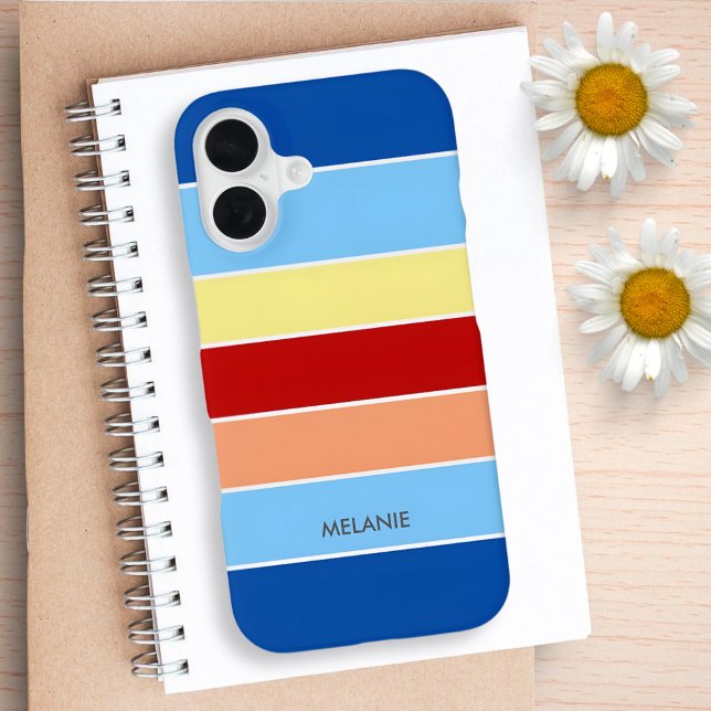 Coque iPhone 16 Étui de téléphone à monogramme avec rayures bleues (Créateur téléchargé)
