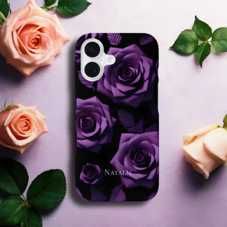 Coque iPhone 16 Étui de téléphone à monogramme avec roses violette