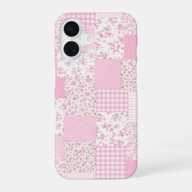 Coque iPhone 16 Étui de téléphone à motif floral rose patchwork (Verso)
