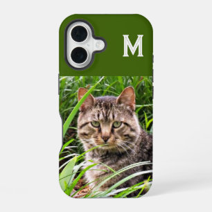 Coque iPhone 16 Étui de téléphone avec photo de chat tigré à monog