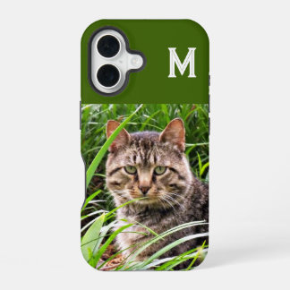 Coque iPhone 16 Étui de téléphone avec photo de chat tigré à monog