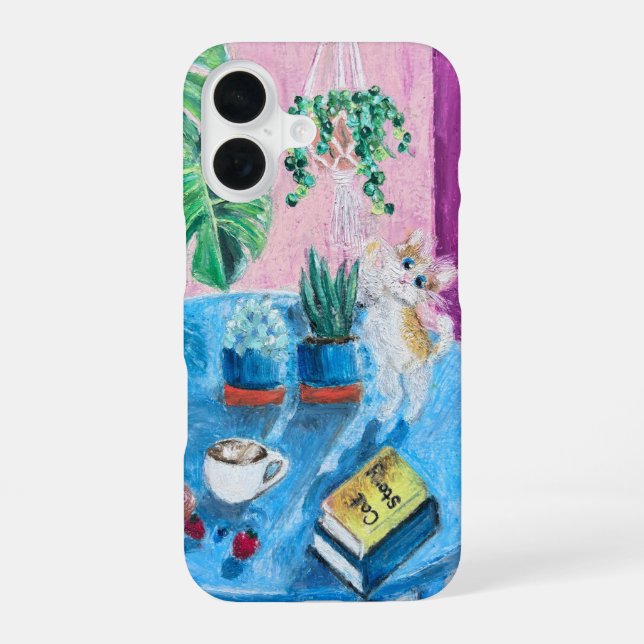 Coque iPhone 16 Étui de téléphone chat confortable d'art original (Verso)