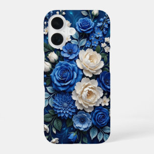 Coque iPhone 16 Étui de téléphone floral bleu et blanc, étui pour