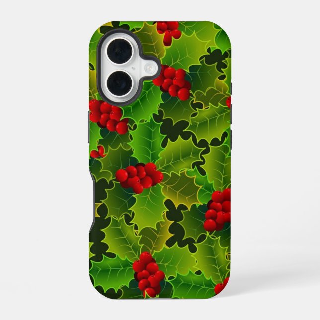 Coque iPhone 16 Étui de téléphone Houx vert avec baies rouges (Verso)