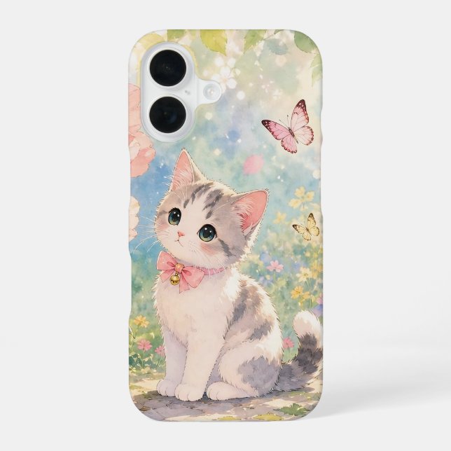 Coque iPhone 16 Étui de téléphone Papillon Chat de Printemps (Verso)