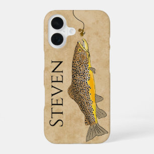 Coque iPhone 16 Étui de téléphone vintage pêche à la truite brune