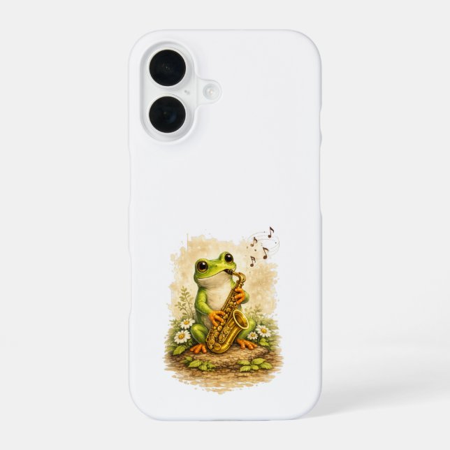 Coque iPhone 16 Étui iPhone 16 Grenouille Saxophone Mignon (Verso)