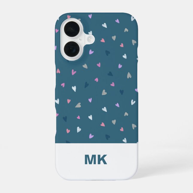 Coque iPhone 16 Étui iPhone à monogramme moderne Cœurs (Verso)