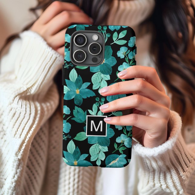 Coque iPhone 16 Étui iPhone à motif de fleur bleu Monogramme (Créateur téléchargé)
