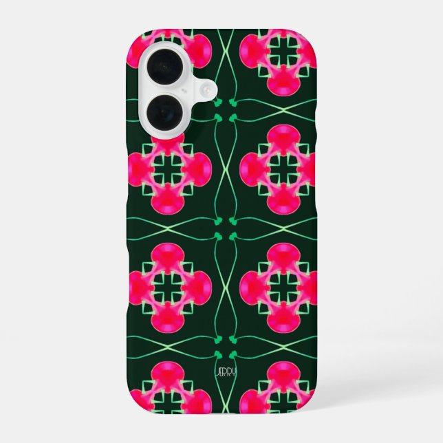 Coque iPhone 16 Étui iPhone floral rose et vert avec nom (Verso)