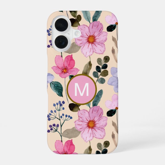 Coque iPhone 16 Étui iPhone monogramme bohème fleur rose (Verso)