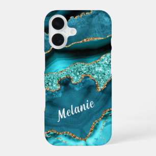 Coque iPhone 16 Étui iPhone Teal Blue GoldGlitter avec nom personn
