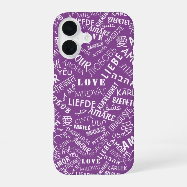 Coque iPhone 16 Étui iPhone violet texte d'amour multilingue (Verso)