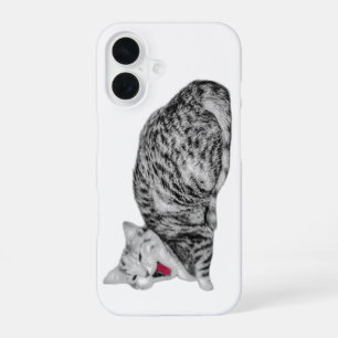 Coque iPhone 16 Étui monochrome chat roux bâillant avec langue rou