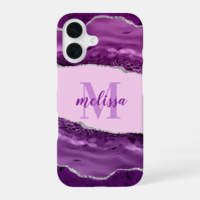 Coque iPhone 16 Étui monogrammé à agate violette avec paillettes d (Verso)