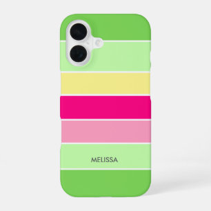 Coque iPhone 16 Étui monogramme à rayures horizontales vert et ros