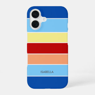 Coque iPhone 16 Étui Monogramme Rayures Bleu Marron & Jaune