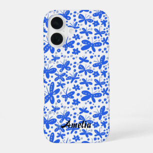 Coque iPhone 16 Étui pour iPhone à papillons bleus
