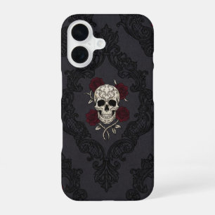 Coque iPhone 16 Étui pour téléphone Crâne & Roses damassé victorie
