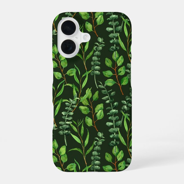 Coque iPhone 16 Eucalyptus sur fond vert foncé (Verso)