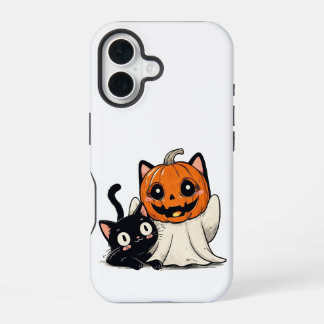 Coque iPhone 16 Fantôme et chat noir portant des masques Halloween