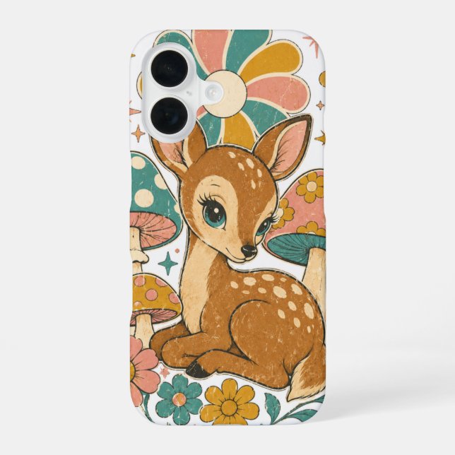 Coque iPhone 16 Faon sarcelle et rose Rétro 70s (Verso)