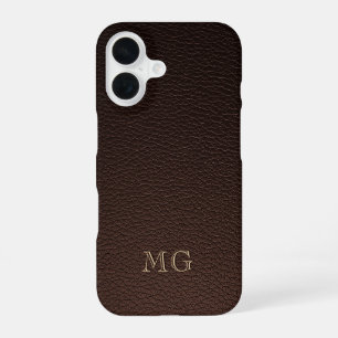 Coque iPhone 16 Faux cuir marron foncé et initiales monogramme dor