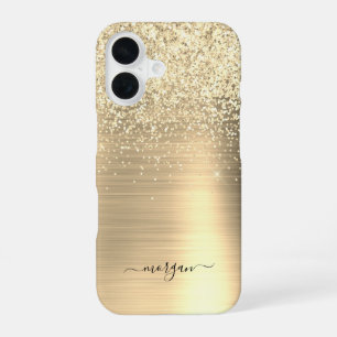 Coque iPhone 16 Faux métal doré brossé, Paillettes, Nom en écritur
