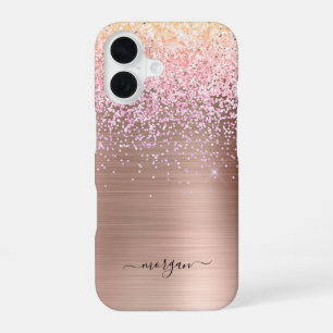 Coque iPhone 16 Faux métal rose gold brossé, Paillettes, Nom en éc