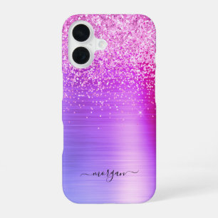 Coque iPhone 16 Faux Métal Violet Brossé, Paillettes, Nom en Écrit