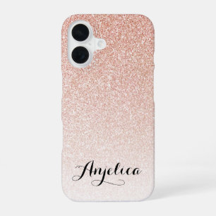 Coque iPhone 16 Faux Pailleté Rose Gold Ombré Écriture Nom Personn