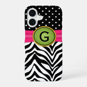 Coque iPhone 16 Faux Ruban Bijou Zèbre Motif à Points Monogramme