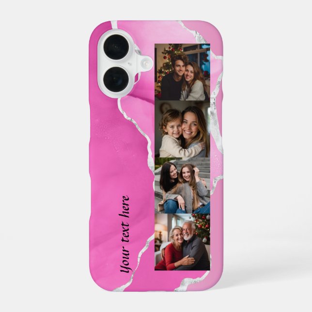 Coque iPhone 16 Feminine Pink & Silver Glitter Agate 4 photos (Verso)