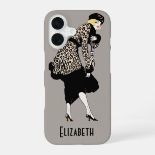 Coque iPhone 16 Femme Art Déco Vintage en veste imprimé léopard