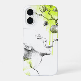 Coque iPhone 16 Femme Langue serpent Pomme Éclat vert Art surréel