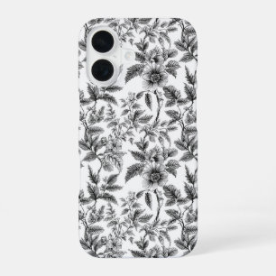 Coque iPhone 16 Fermes vintages à motifs floraux noirs et blancs