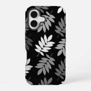 Coque iPhone 16 Feuille aînée grand motif noir blanc gris