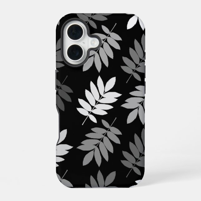 Coque iPhone 16 Feuille aînée grand motif noir blanc gris (Verso)