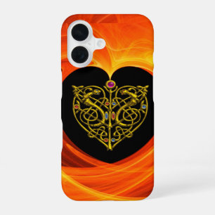 Coque iPhone 16 FEUILLE D'OR, NOEUDS CELTIQUES noir orange jaune