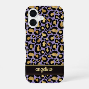 Coque iPhone 16 Feuille d'Or sur Imprimé Léopard Violet Monogrammé
